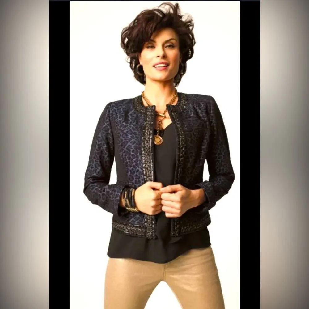 Chico’s Embellished Animal Print Jacquard Short Jacket Blazer Sz 2